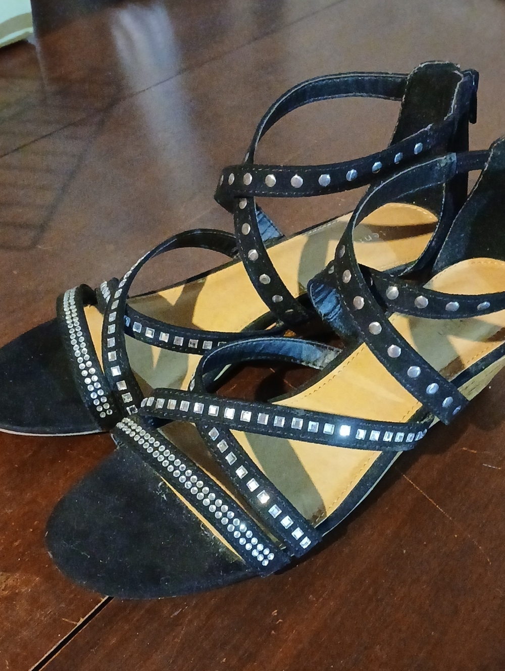 attention Black Studded Strappy Sandals with Rhinestone Trim